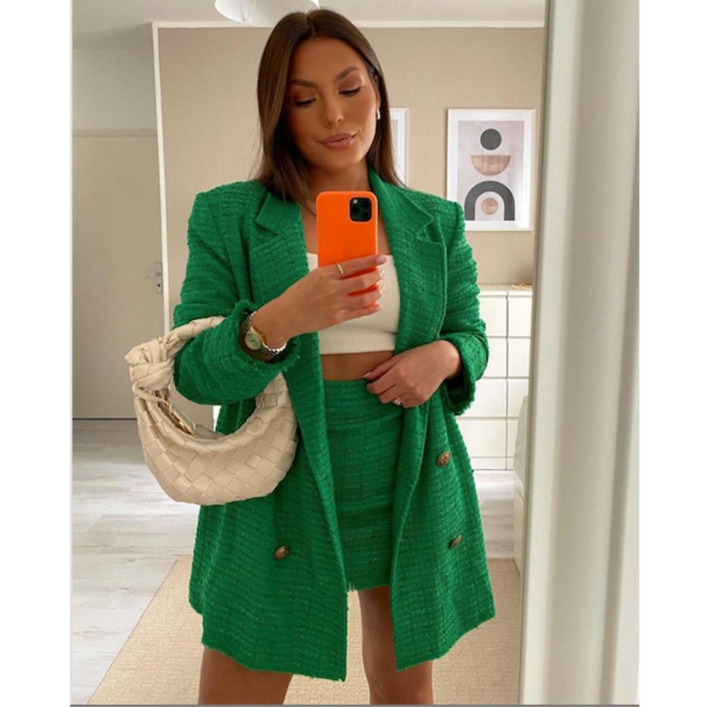 Zara 2 Pc Green Double Breasted Blazer And Skort Sz M NWT